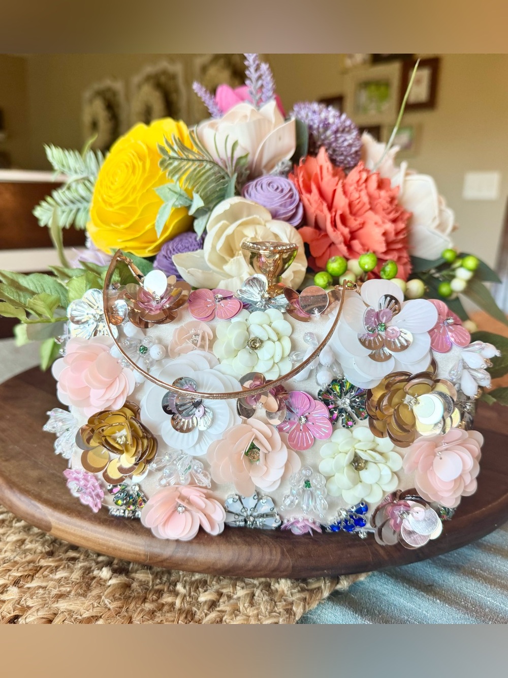 Floral Sequin Wristlet Clutch in Pink & Gold